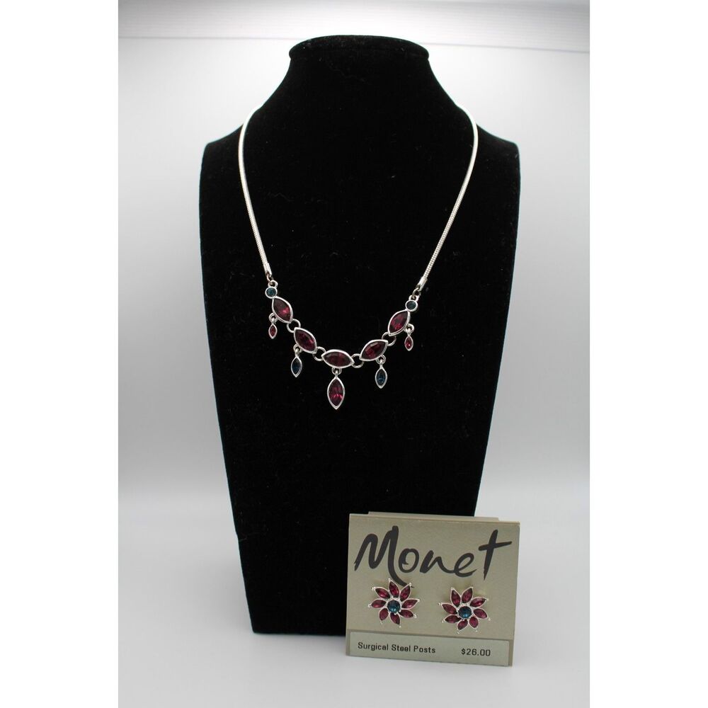 Vintage Monet Purple Blue Rhinestone Necklace Earrings Set Silver Tone Floral